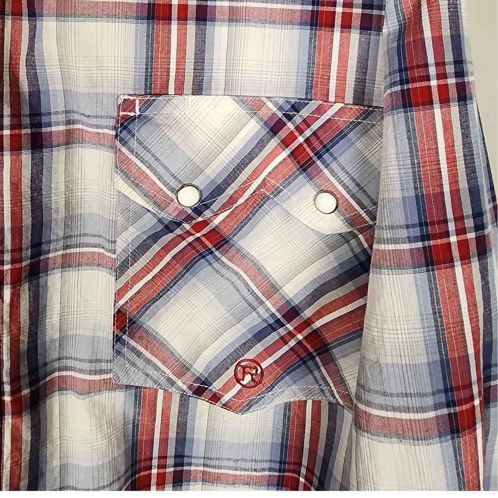 Roper Mens XL Red White Blue Plaid‎ Long Sleeve Western Snap Shirt Country Chore - Picture 3 of 9